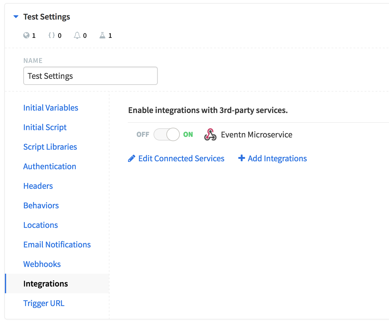 A Runscope API test environment settings, showing the Integrations menu selected on the left-hand side, and the Eventn microservice webhook toggled on.