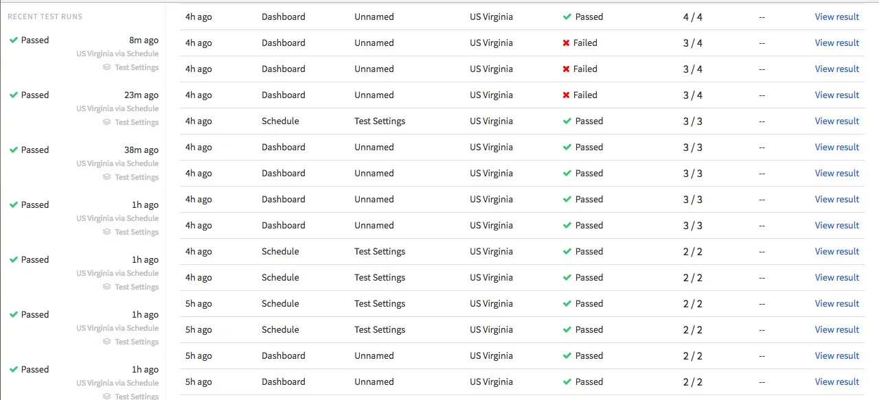 A screenshot of the Runscope dashboard, showing a list view of API test runs with green and red checkmarks