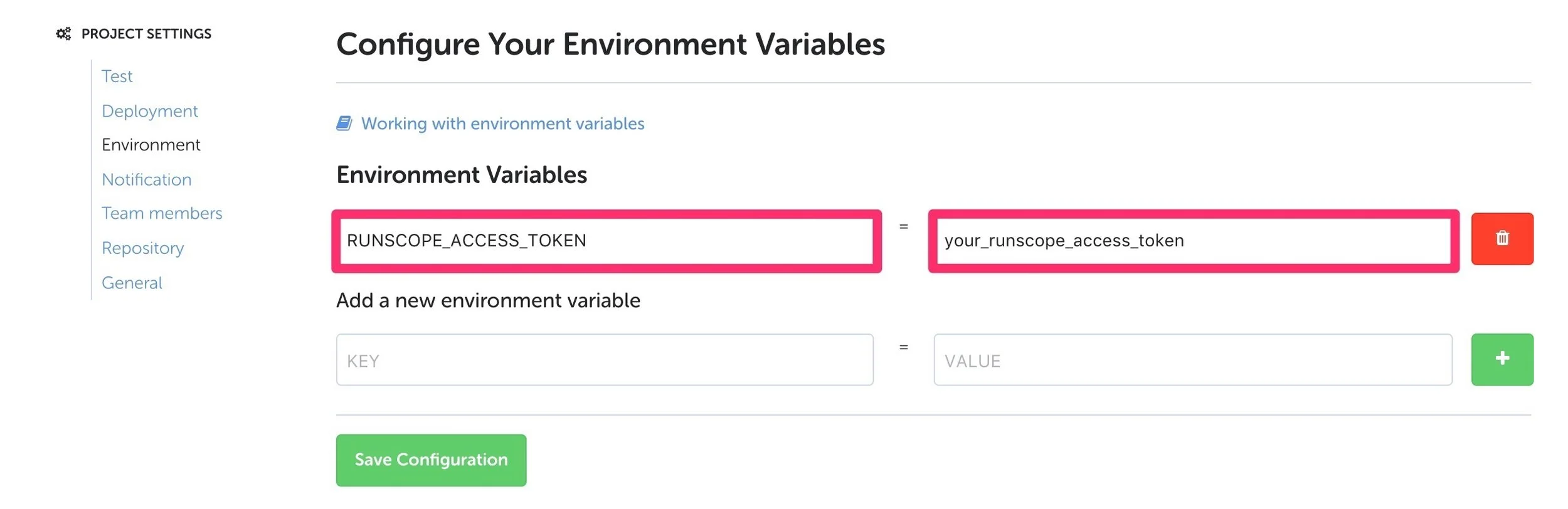 A Codeship environment project settings page, showing how to set the environment variable "RUNSCOPE_ACCESS_TOKEN"