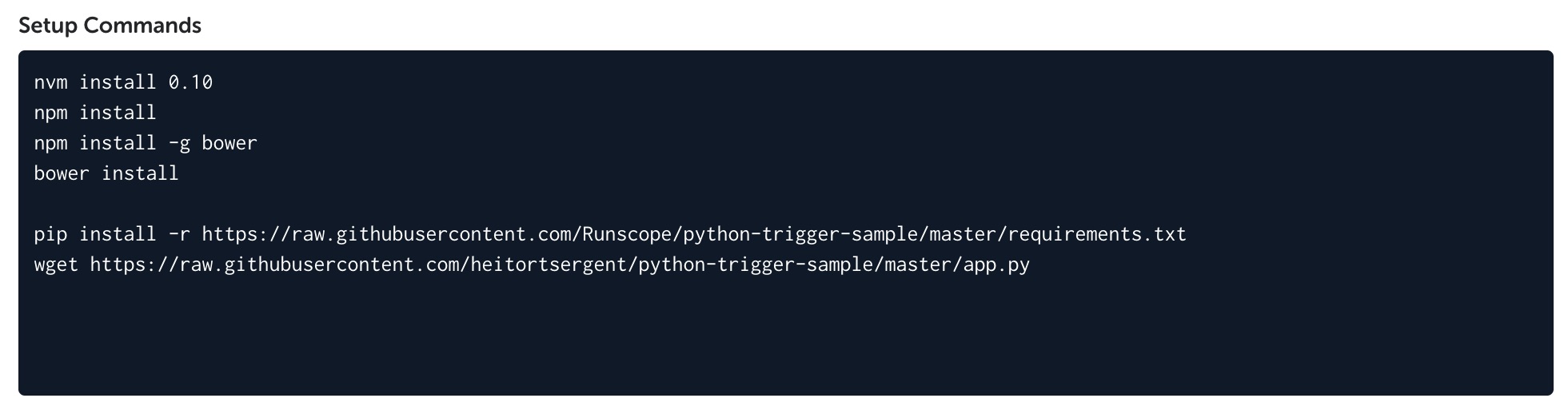 A Codeship test project settings page, showing the "Setup Commands" text box with the bash commands to install the script requirements and download the Python script
