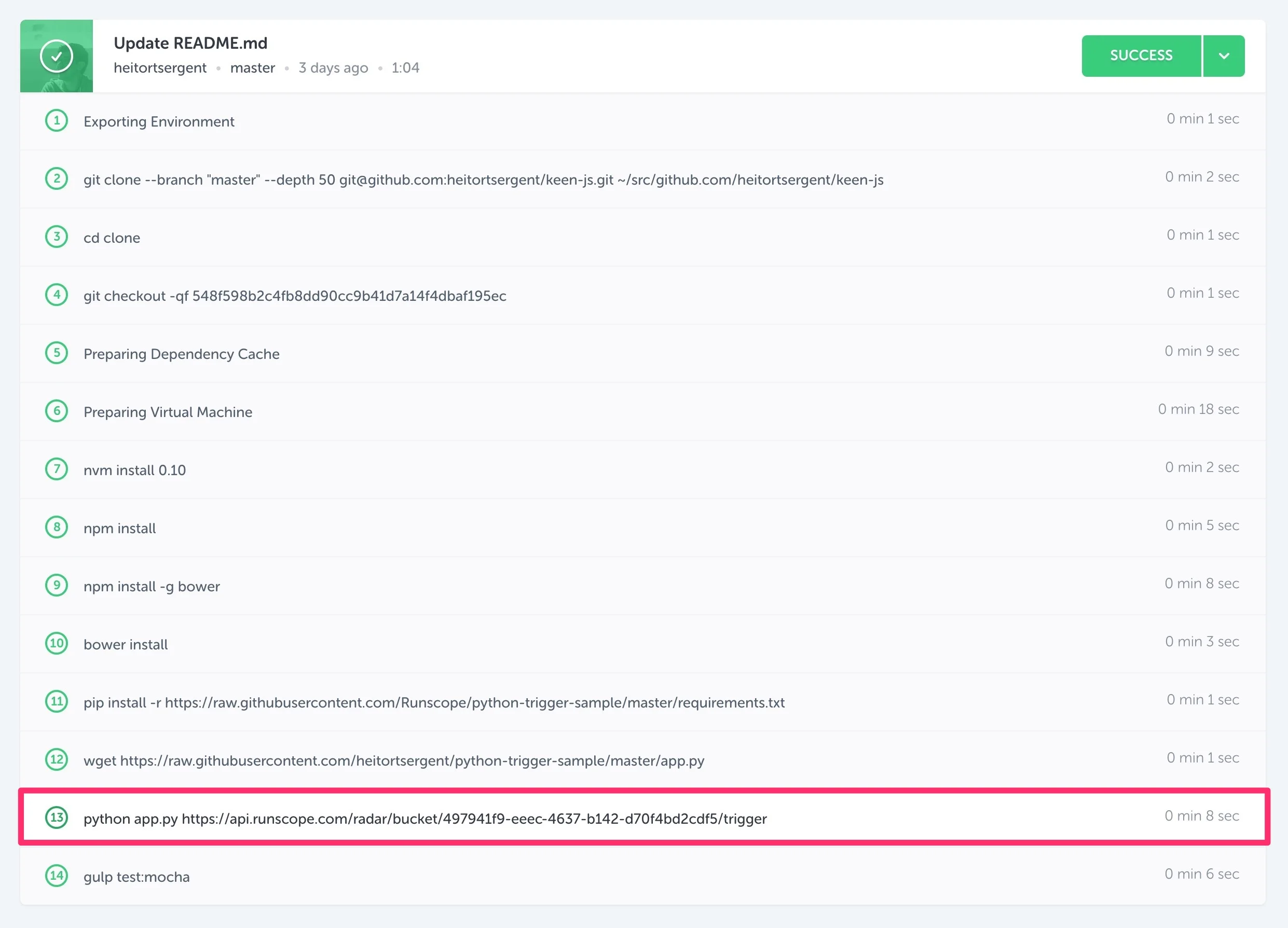 A successful Codeship build run, with a line highlighted for the command that runs the Runscope Python script