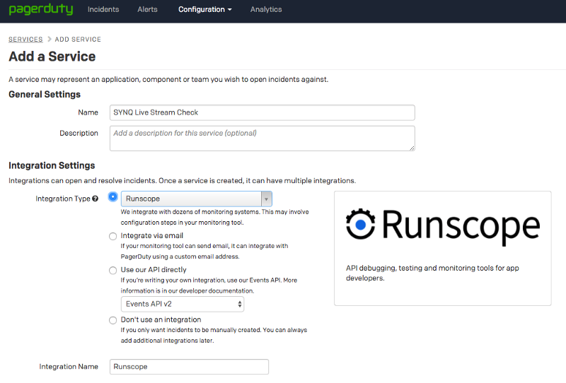 PagerDuty's Services > Add Service screen showing the integration settings for Runscope