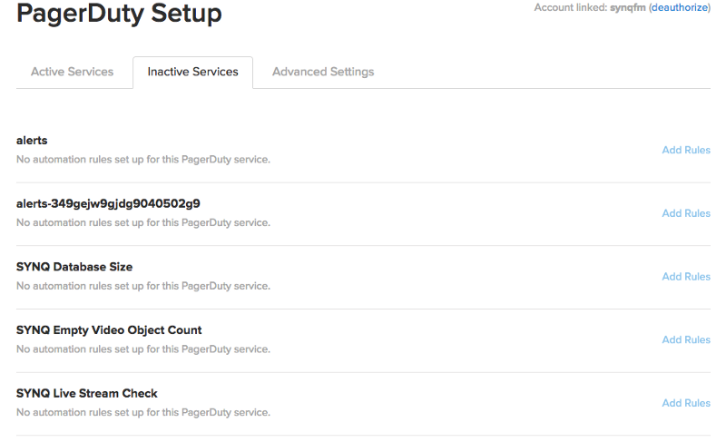 StatusPages's Inactive Services tab, showing a list of connected PagerDuty options and the "Add Rules" link on the right-hand side