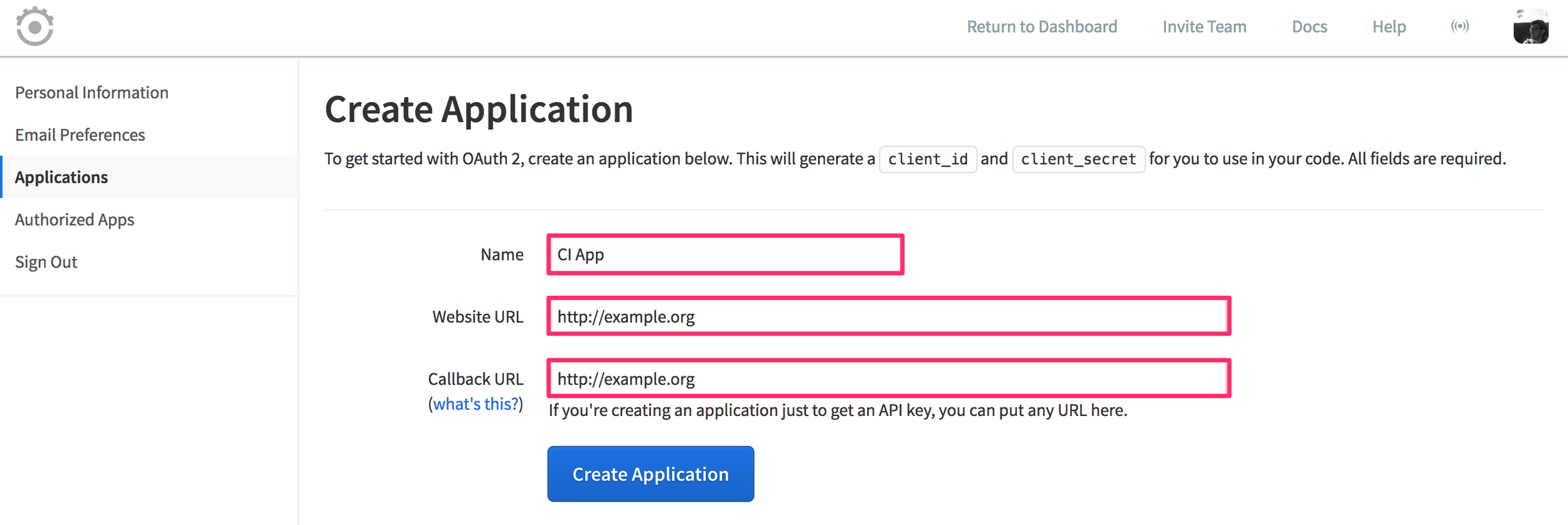 Runscope applications page displaying the Create Application page with dummy values