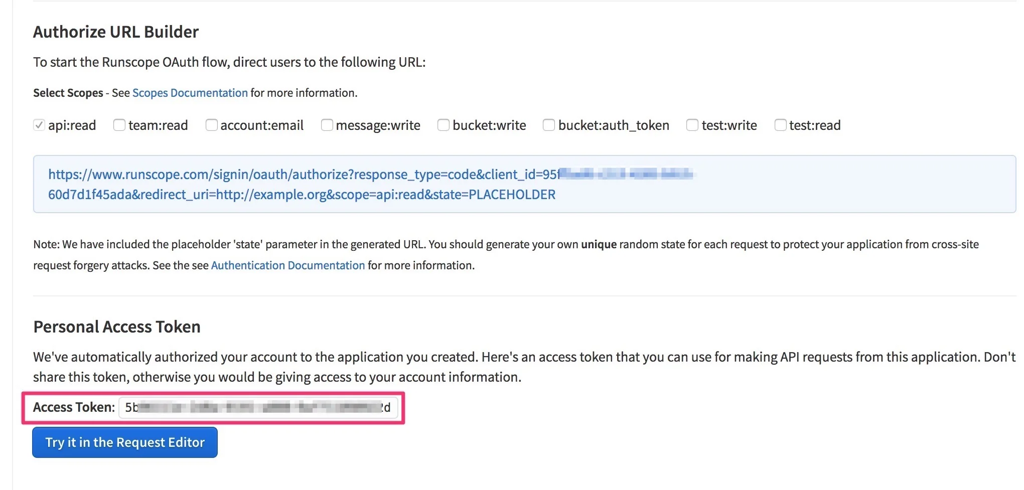 Runscope application page detail, with the Personal Access Token highlighted
