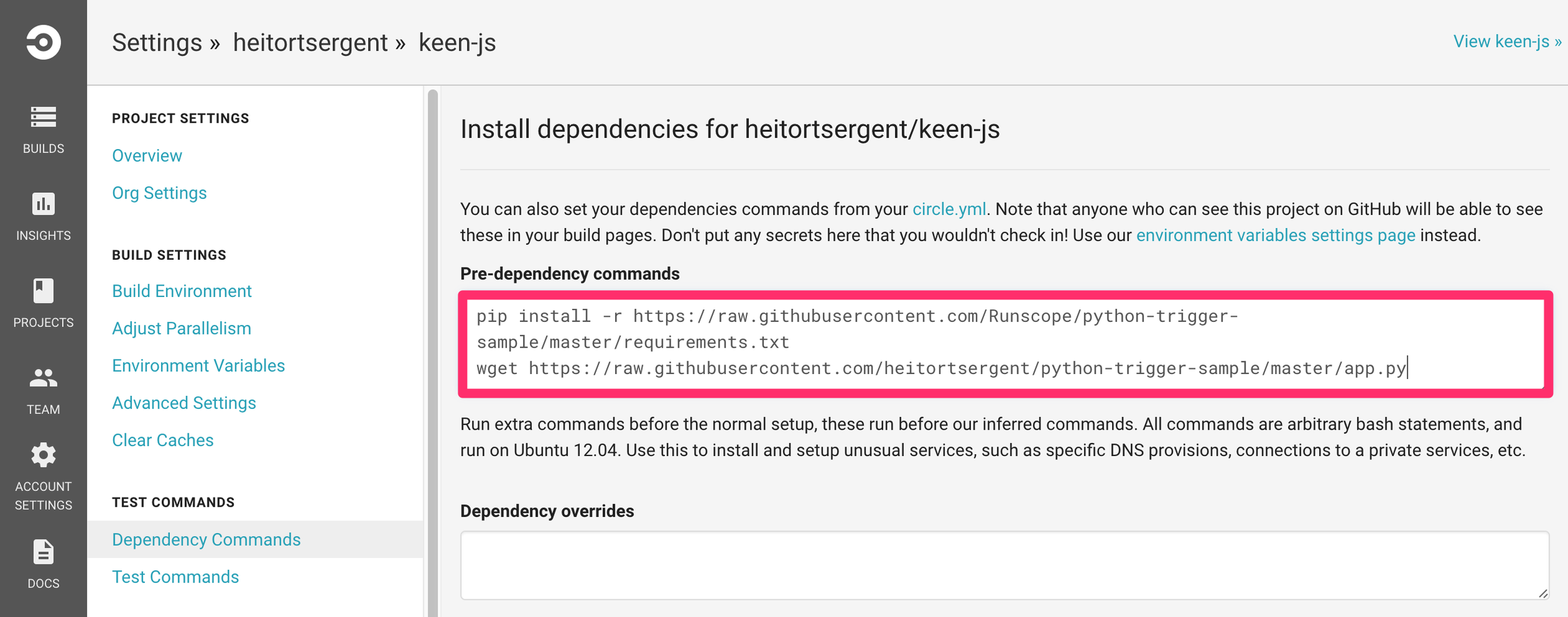 CircleCI project settings, showing the Dependency Commands page with the Pre-dependency commands window filled with the Runscope commands