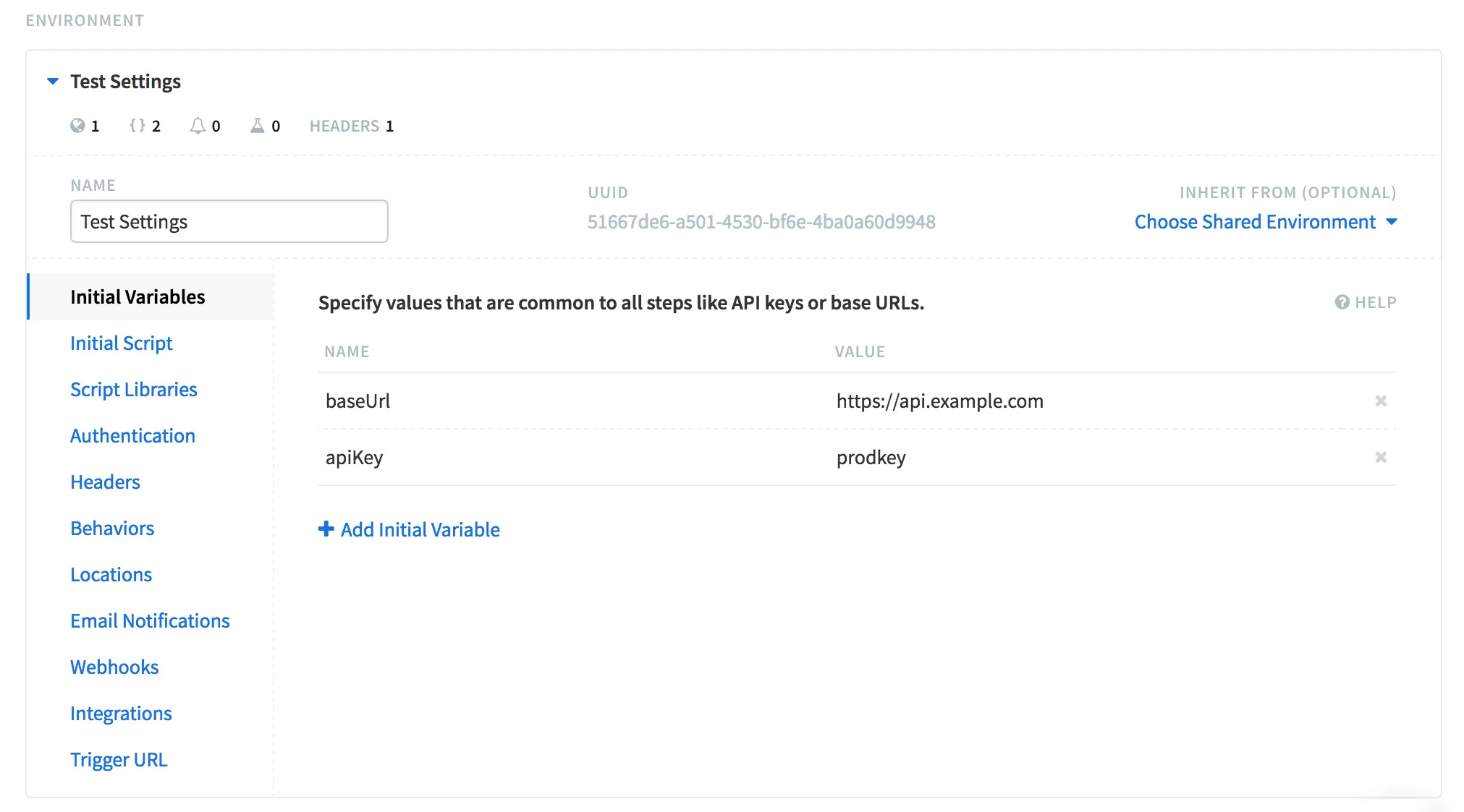 Runscope UI, showing an API test editor page with the environment section expanded. Includes two commonly used initial variables, baseUrl and apiKey.