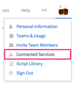 Runscope account highlighting the Connected Services option on the dropdown after clicking on the user's profile on the top right