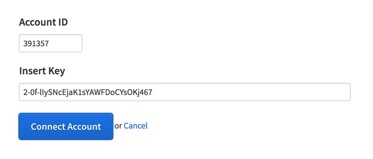 Runscope New Relic Integration page, showing the two textboxes where the user has to add their New Relic Insights account id and key from the previous steps