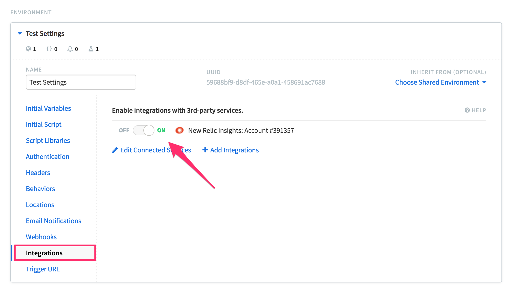 Runscope API test, showing an expanded environment settings with the Integrations tab selected, and the newly connected New Relic Insights integration toggled on