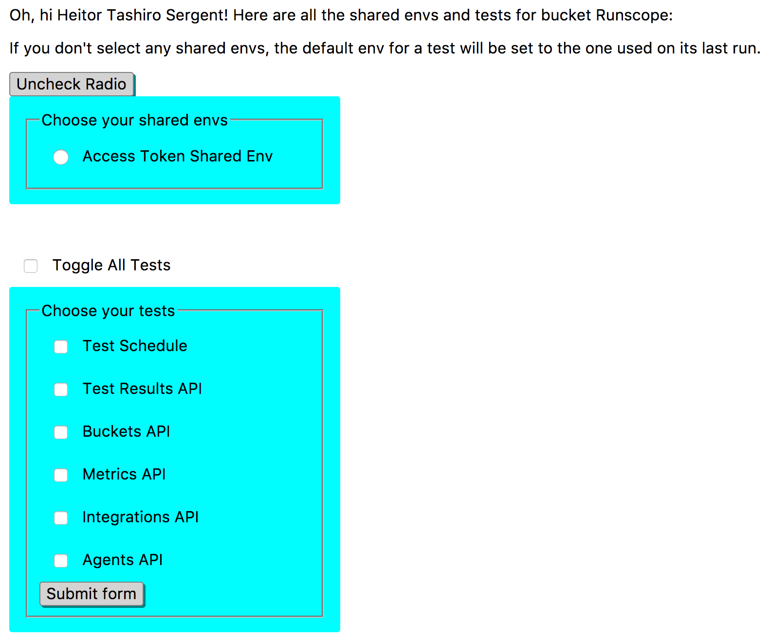The Glitch runscope-batch-edit app, showing the Set Environment screen for a bucket. There's a radio button form at the top where the user can select any shared environments for that bucket. Below there's another checkbox form, where the user can select which tests to modify, and a submit form button to make the API call that will update the tests