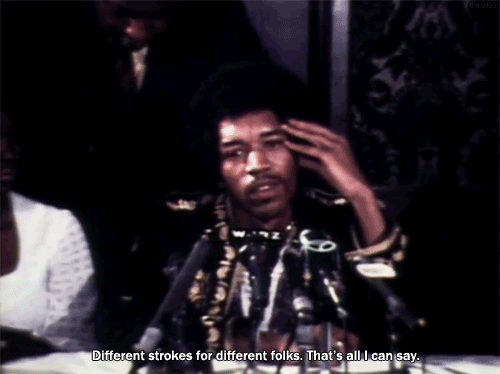 An animated GIF of Jimi Hendrix during an interview saying "Different strokes for different folks. That's all I can say."