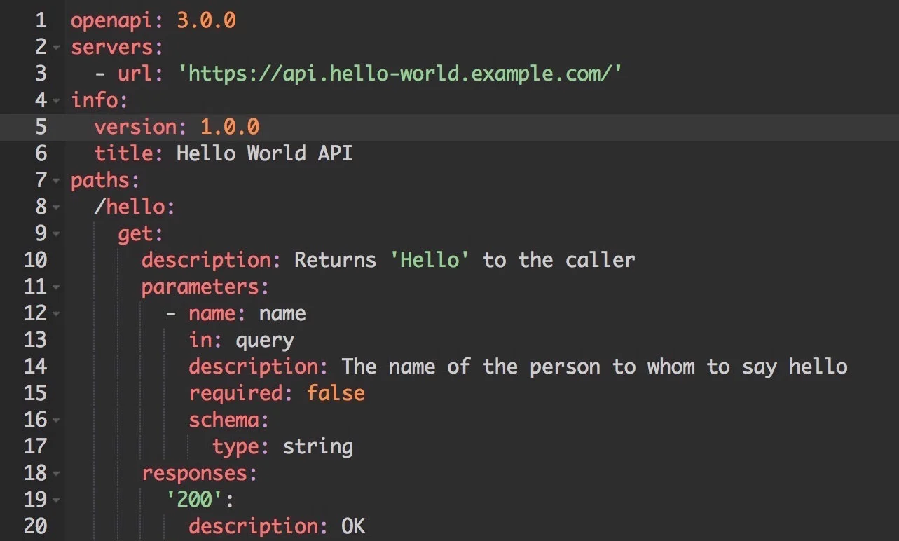 A text editor with an OpenAPI 3 schema for a Hello World API.