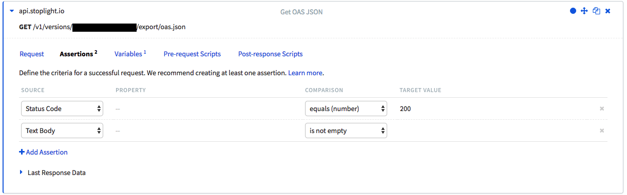 The Assertions tab from the previous Runscope GET request step, with the two previously mentioned assertions set up.
