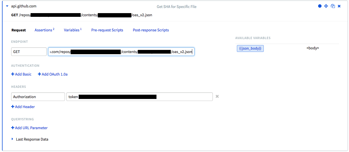 A Runscope GET request step to the api.github.com URL for a JSON file in a repository, with the Authorization header set to "token {your_personal_access_token}".