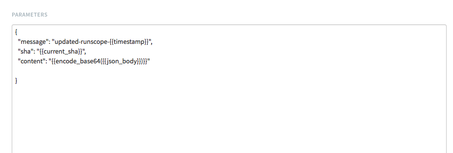 The Parameters section of the Runscope request including the code snippet in the previous code box.