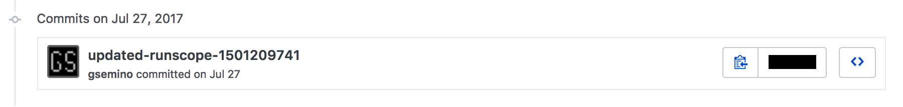 The GitHub interface for the commits in a repository, showing a single commit for the updated specification file after running the Runscope requests.