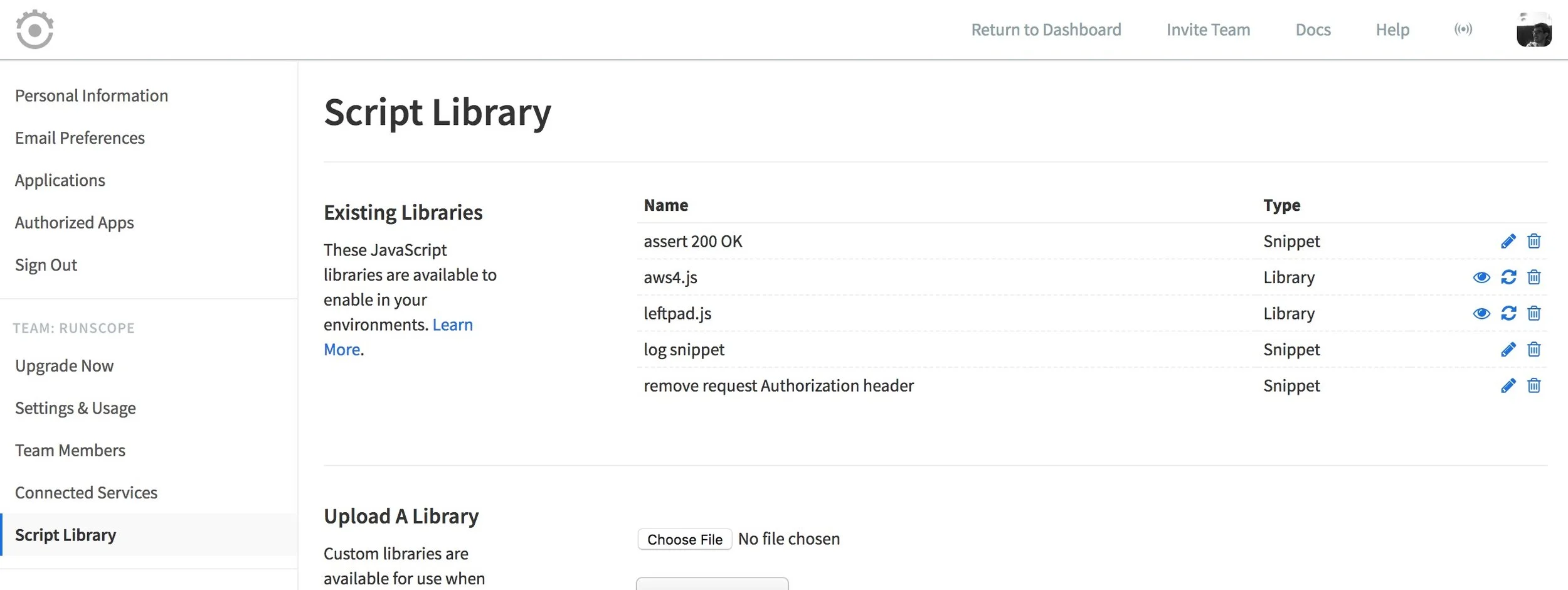 The Script Library page of a logged in user, displaying a list of Existing Libraries and Snippets in the user account.