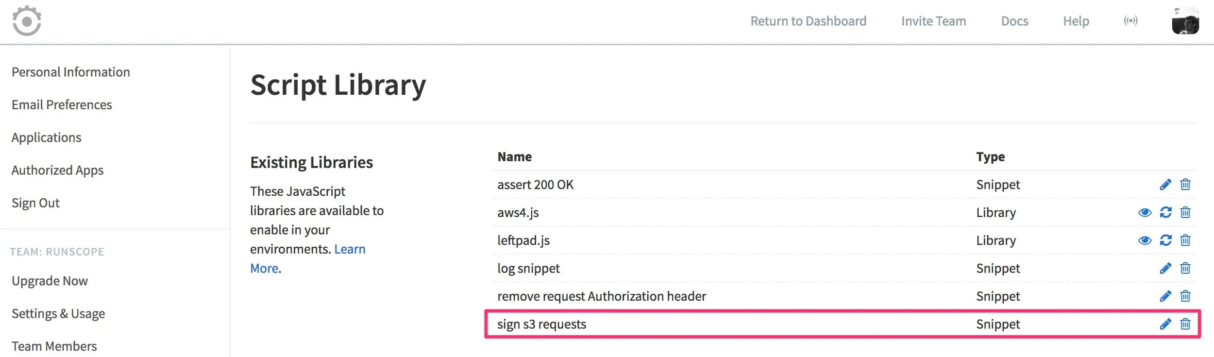 Showing the Script Library page, and the Existing Libraries section that was shown in a previous image now includes the new Snippet "sign s3 requests" in its list.