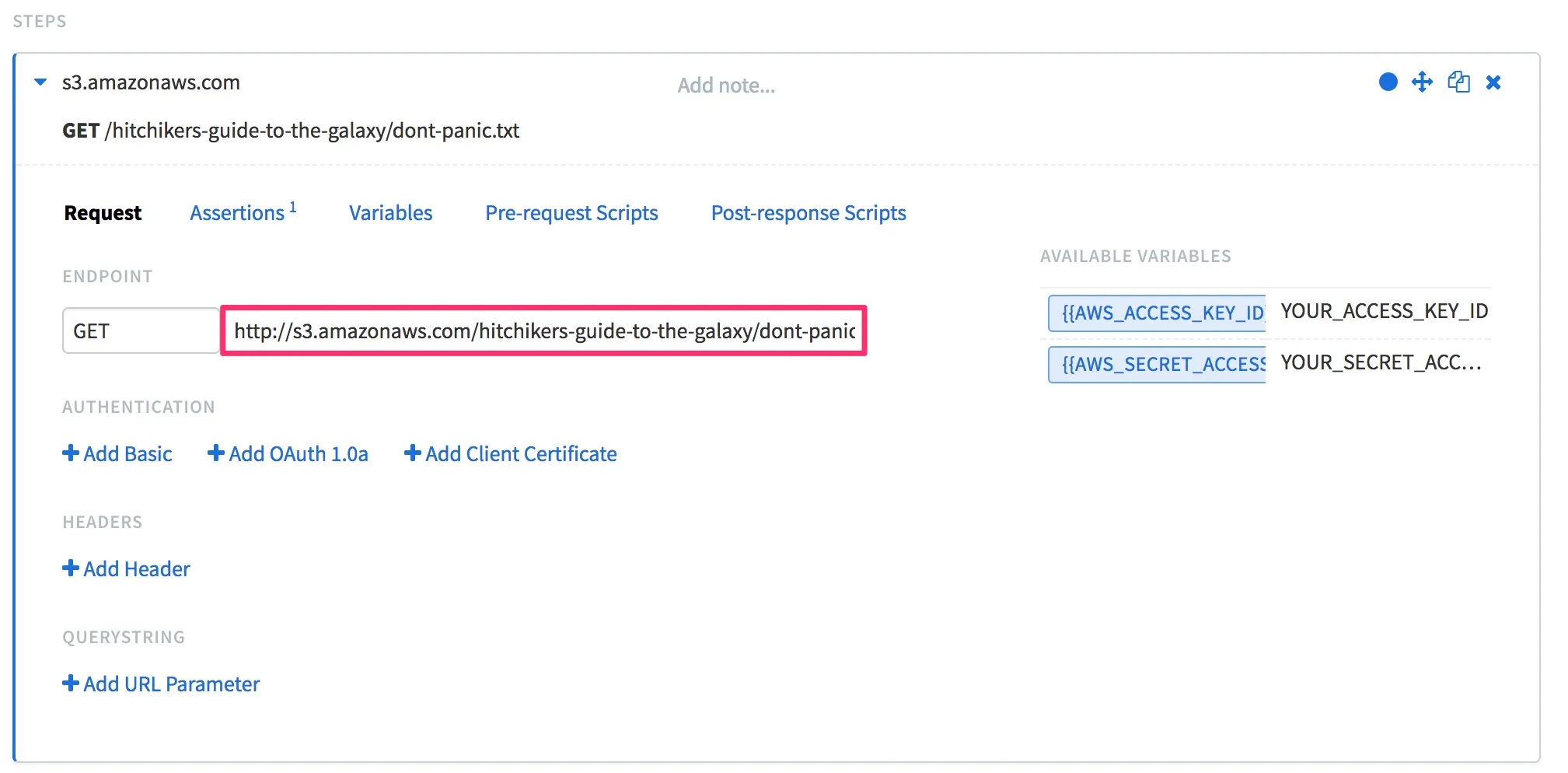 A GET request step in the Editor mode of a Runscope test, highlighting the Endpoint section with the AWS S3 URL from the previous code block.