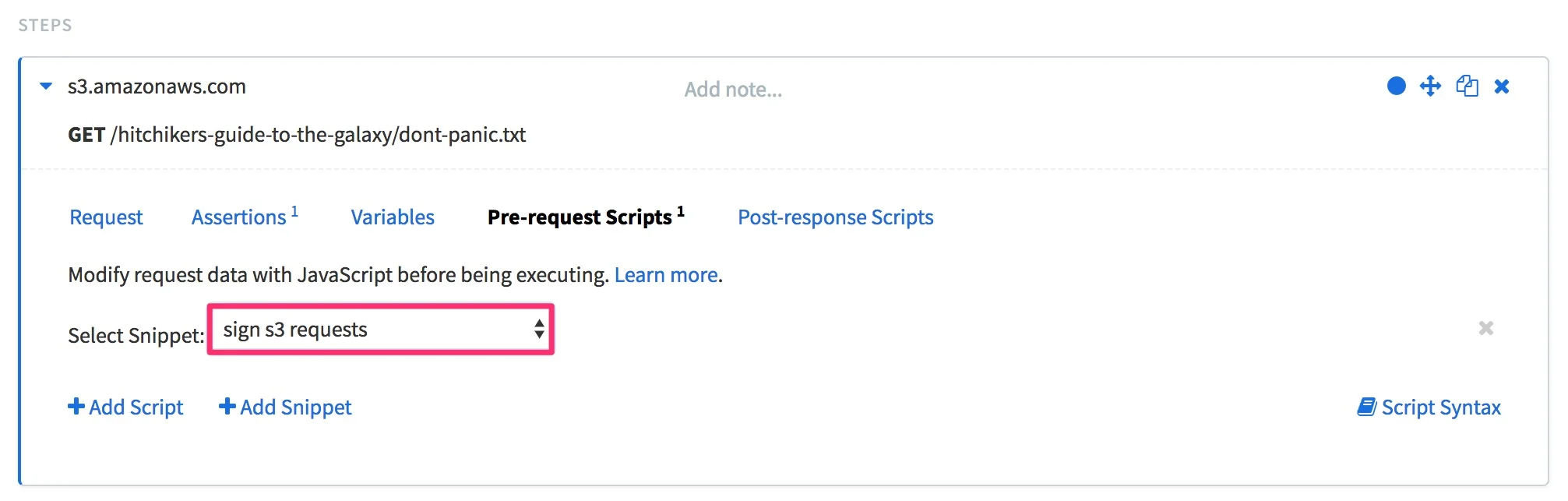 The same request step in Editor mode from the previous image, but this time with the Pre-request Scripts tab selected. The "Select Snippet:" dropdown menu has the "sign s3 requests" snippet selected and highlighted.