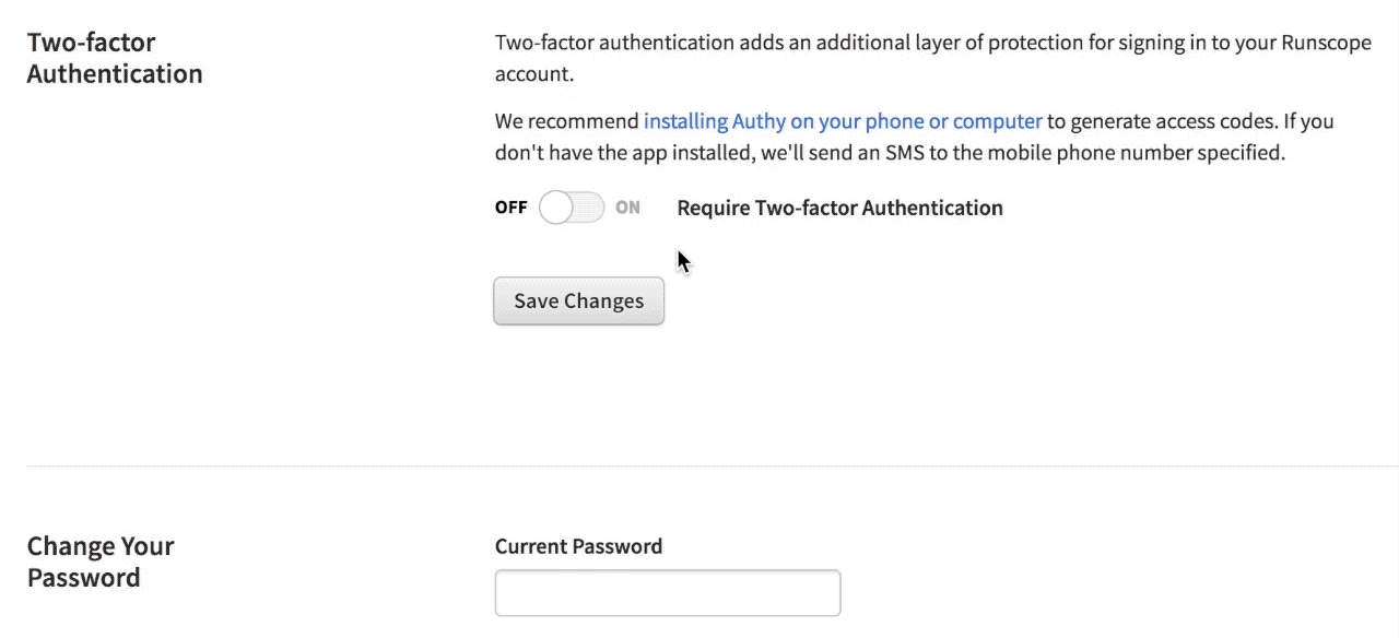 A GIF showing a logged in view of a user's Runscope account, under the www.runscope.com/profile page. It shows the two-factor authentication section of the page being enabled, a phone number being entered, and an authentication code being entered as well to finish the process. Finally, it shows the new QR Code section that appears after the user successfully enables 2FA, the "Generate QR Code" being clicked, and a QR Code showing up.