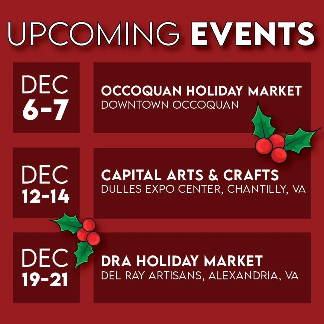 Upcoming Events for a December 🧡🎄🤩 #upcomingevents #shoplocal #handmadeartisans #visitnorthernva @occoquan @capitalartsandcrafts @delrayartisans