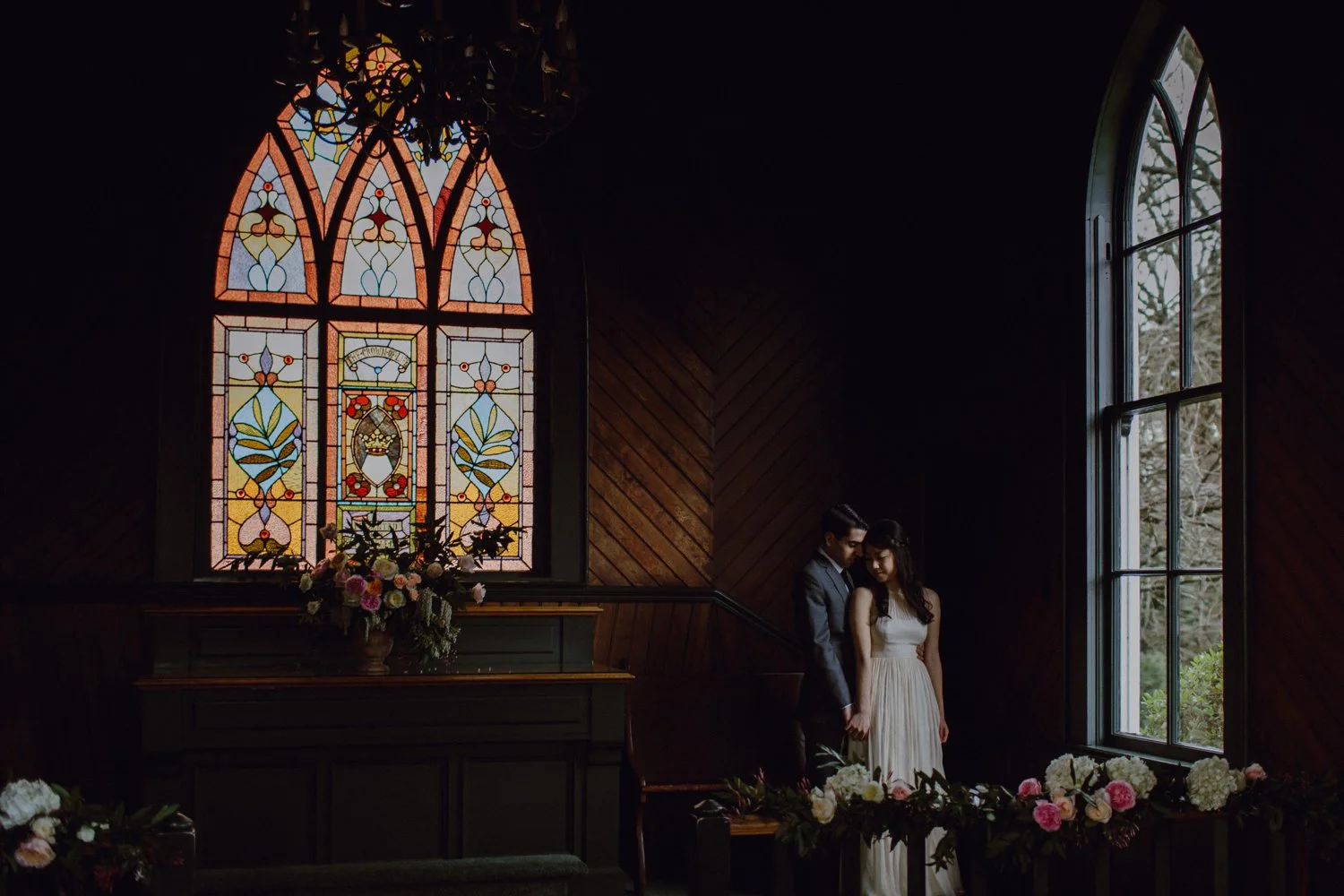 A photo of the bride and groom at Oaks Pioneer Church in Portland, OR