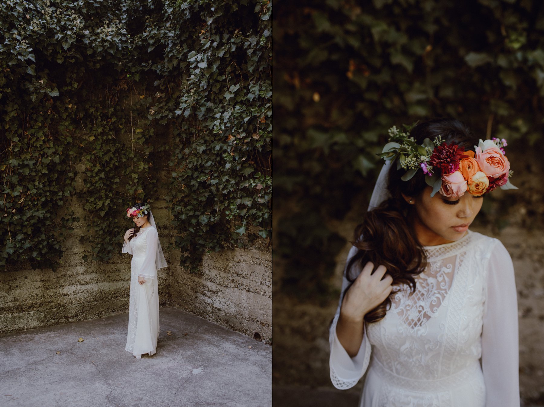 Bride with a bright jewel toned flower crown wedding inspiration