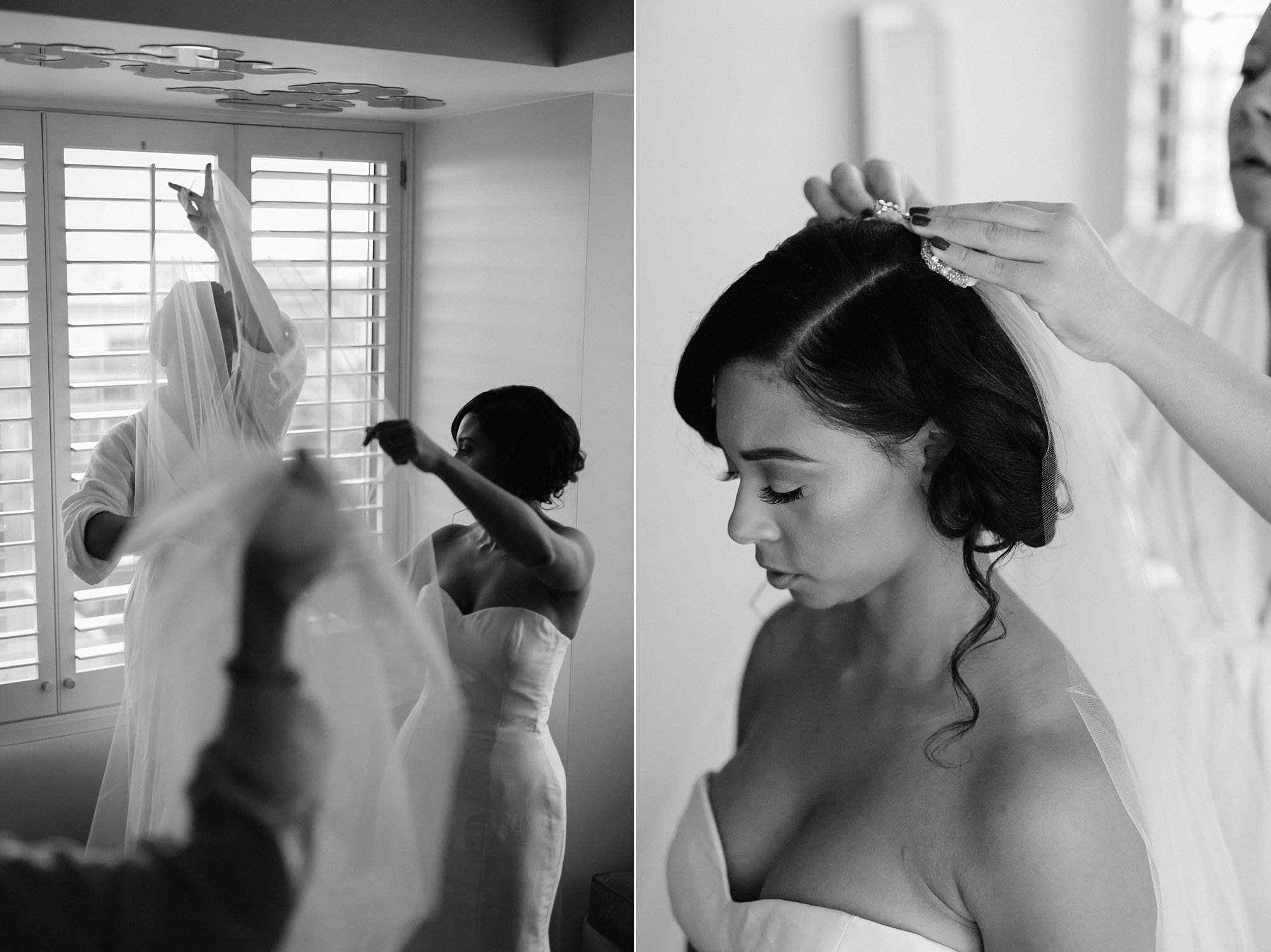 A bride puts on her wedding dress in San Francisco