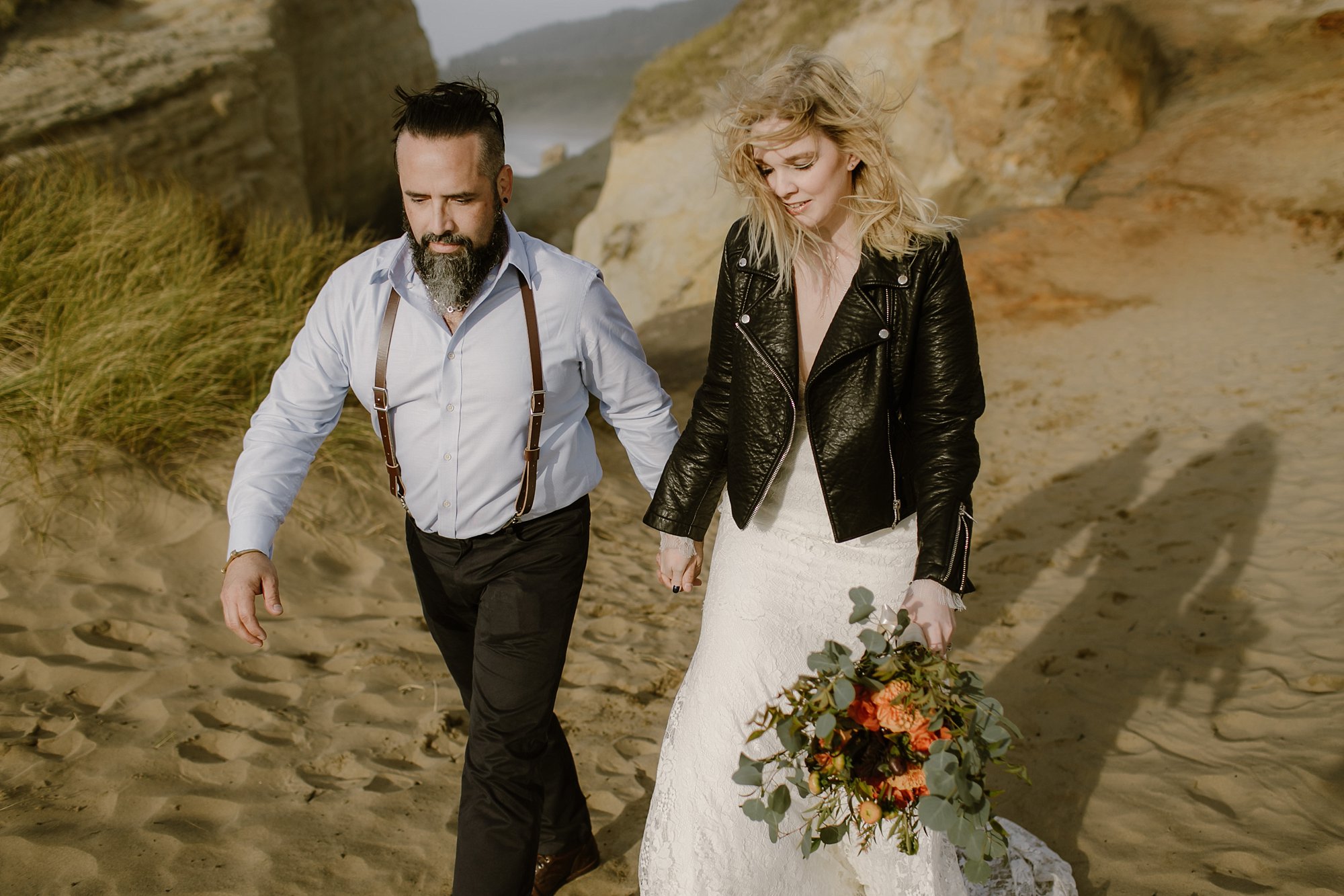 A bride in a moto jacket for her Oregon wedding by photographer Catalina Jean Photo