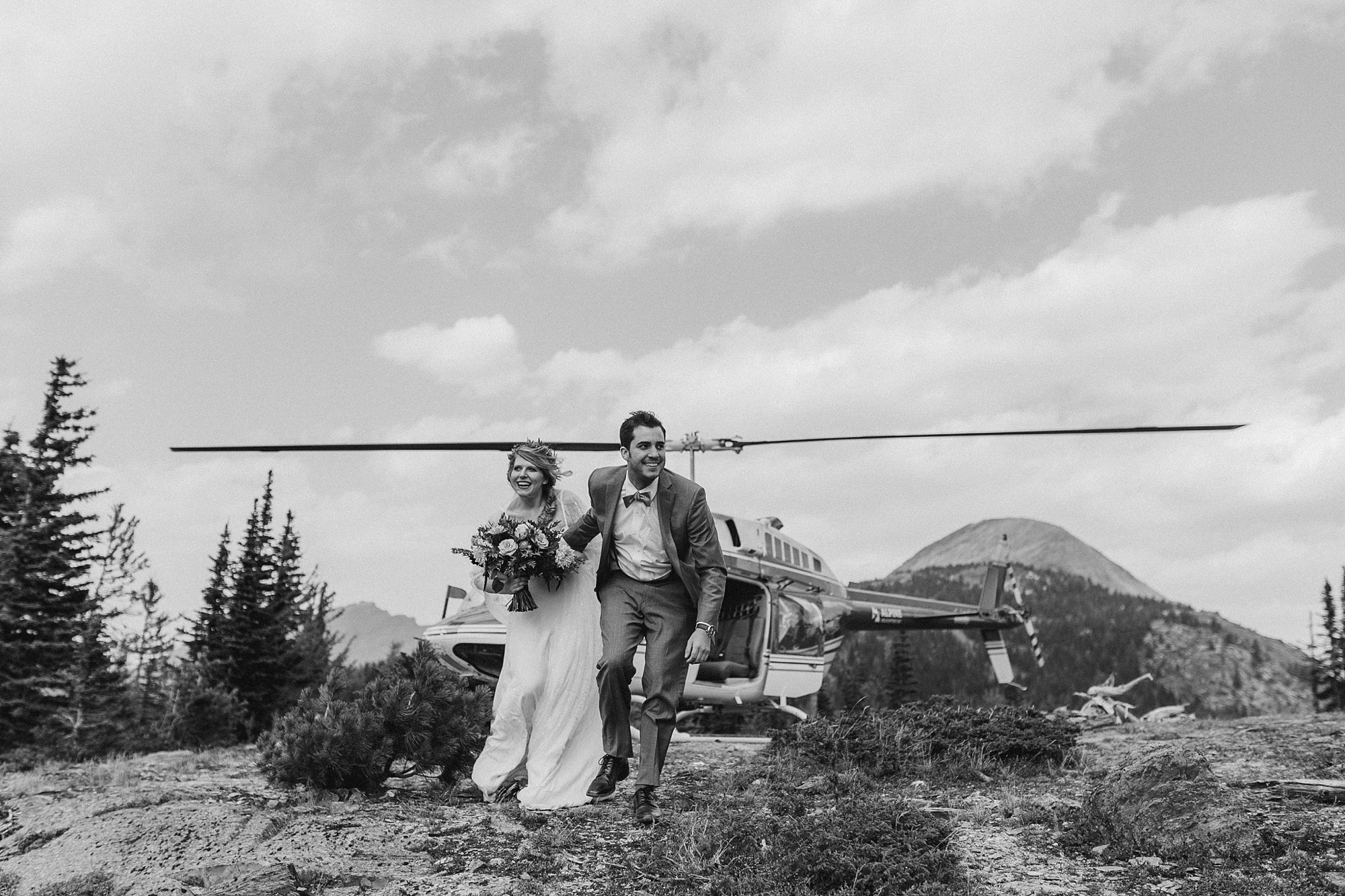 Bride and groom at their helicopter elopement in Banff National Park