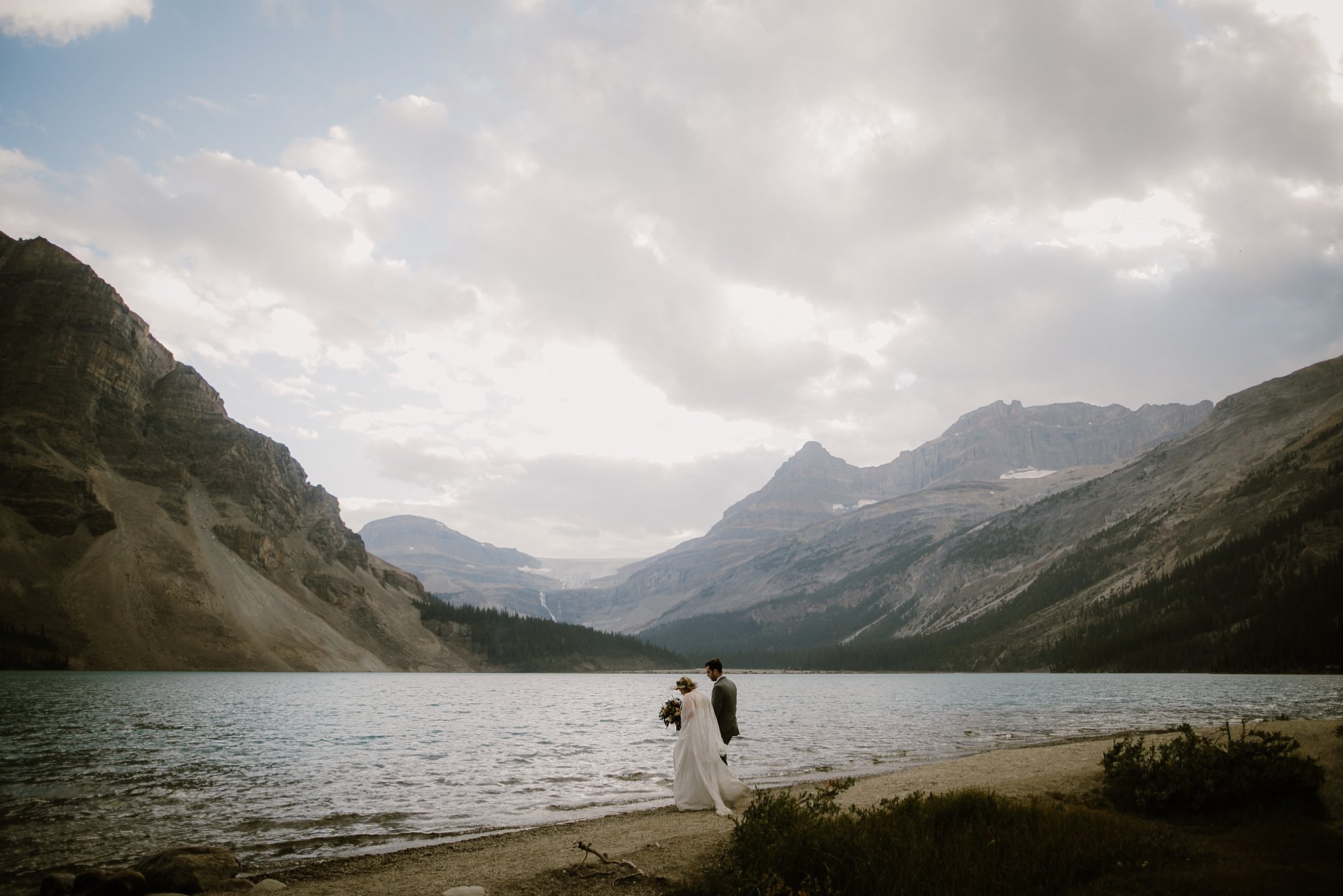 A wedding photo at Bow Lake in Canada