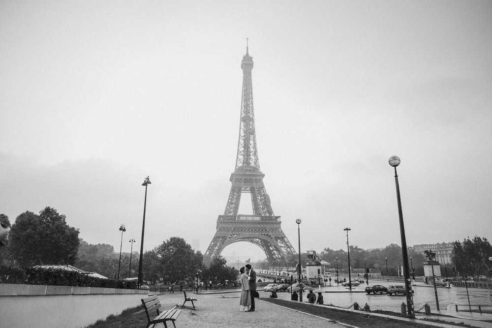 A wedding photo with the Eiffel Tower