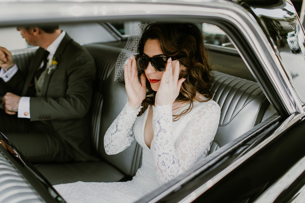 Classic car wedding photo