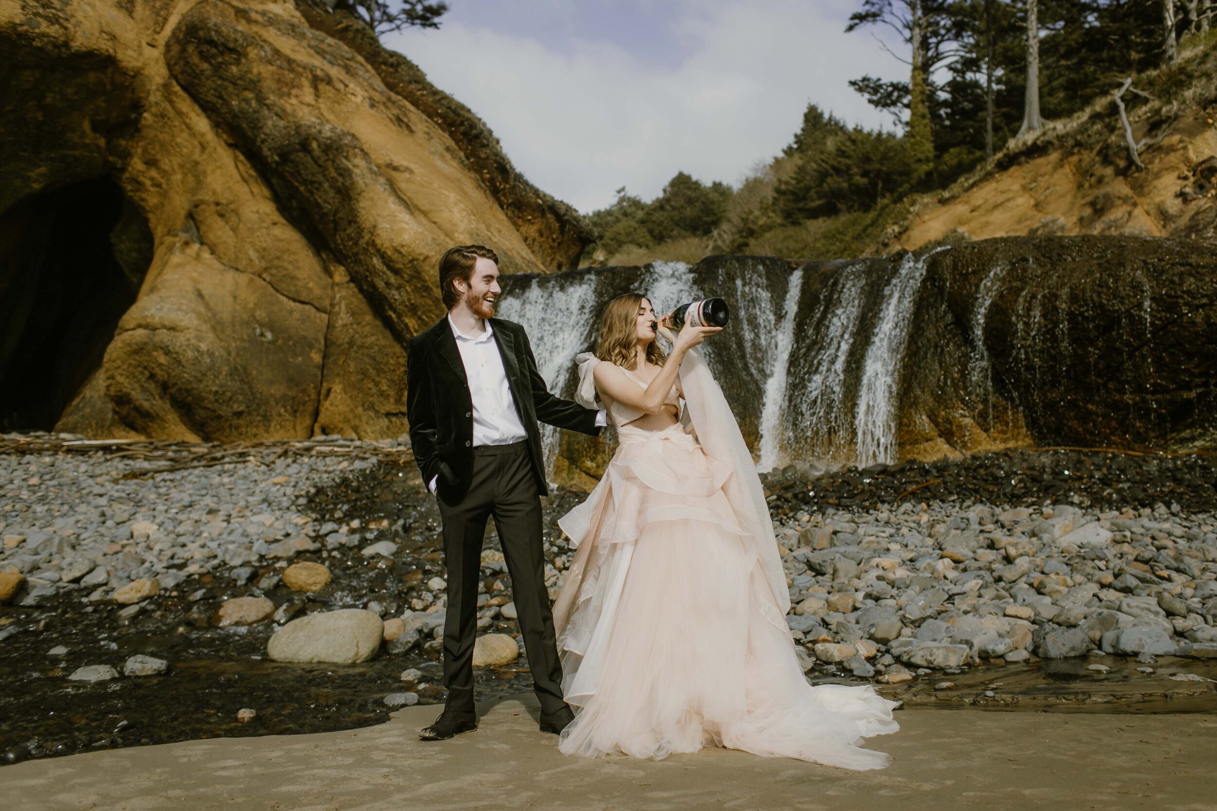 Hug Point elopement in front of a waterfall in Oregon