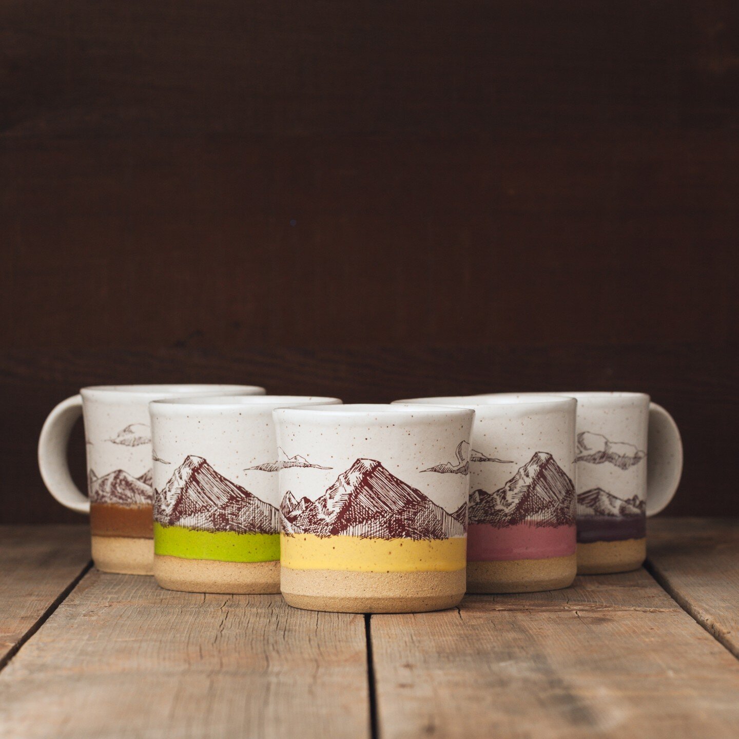 Calico Mountain Mugs are at the downtown shop today @riversidestudios 💛 💚💗💜🧡

Yellow, Green, Pink, Purple and Brown.

#wheelthrownpottery #ceramiccoffeemug #coffeelovers #handmadepottery