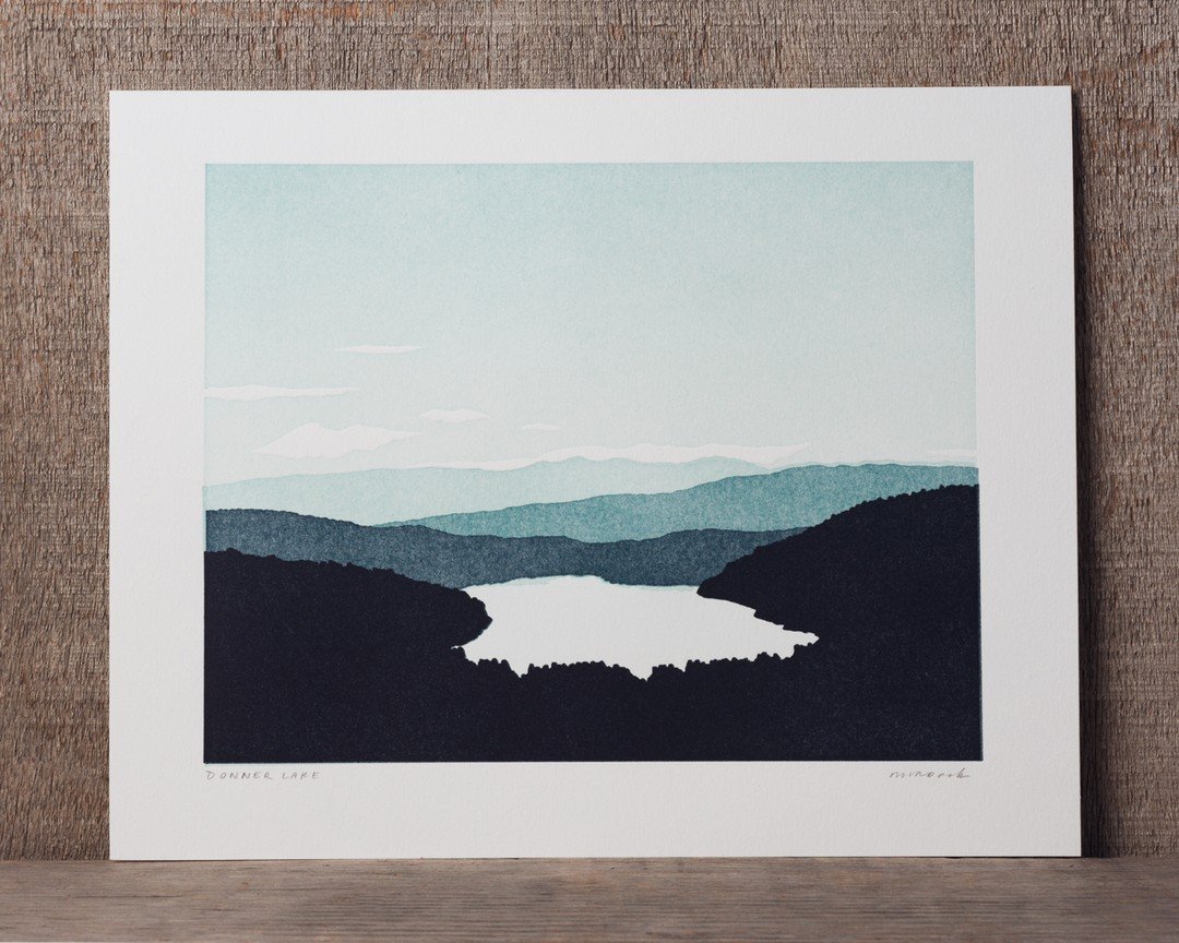 We have several prints in the shop made by Quail Lane Press @quaillanepress , including this 8 X 10 of Donner Lake.

Quail Lane Press is a letterpress studio specializing in landscape art. They create original maps and multicolor landscape prints and