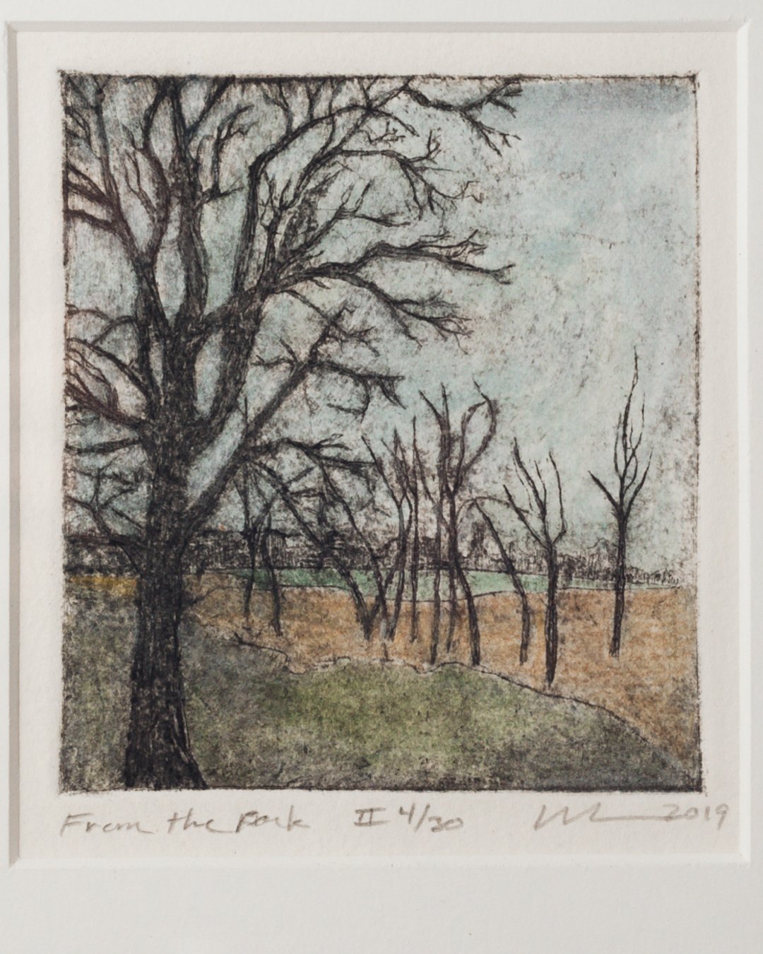 We have a wide selection of Laura Morton @lauramortonart original pieces in the shop. 
&ldquo;From The Park&rdquo; is an original watercolor etching, framed archivally.

Laura utilizes her original etching plates to print, by hand, individual art pie
