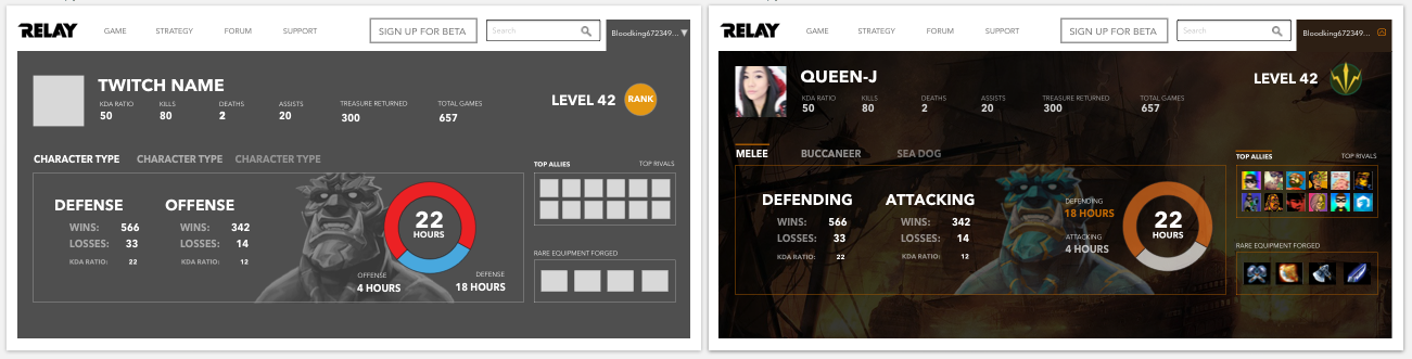 On the left is a wireframe, on the right, the design is slightly more visualized.