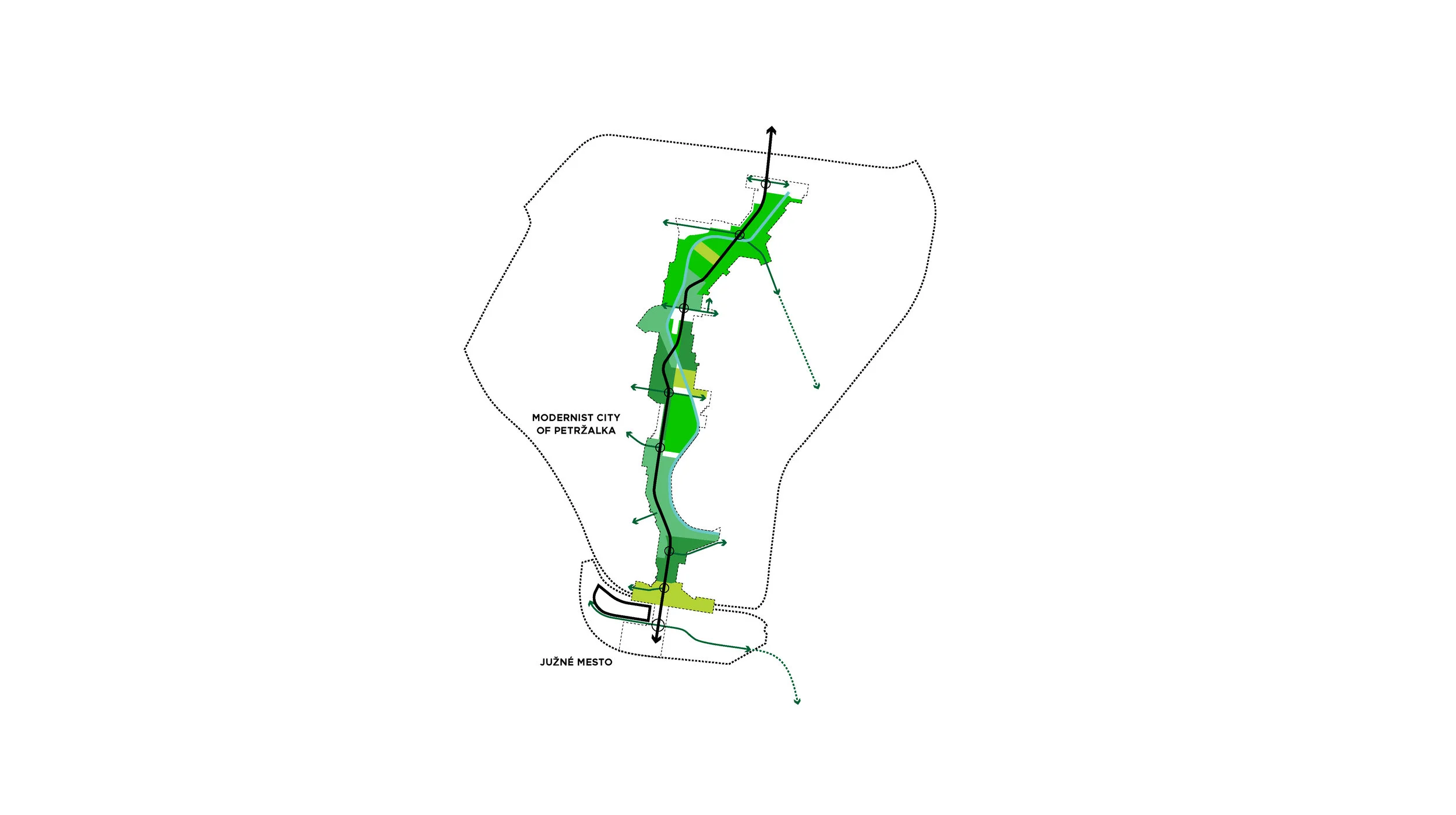 at the end of a new tram line and sequence of green spaces