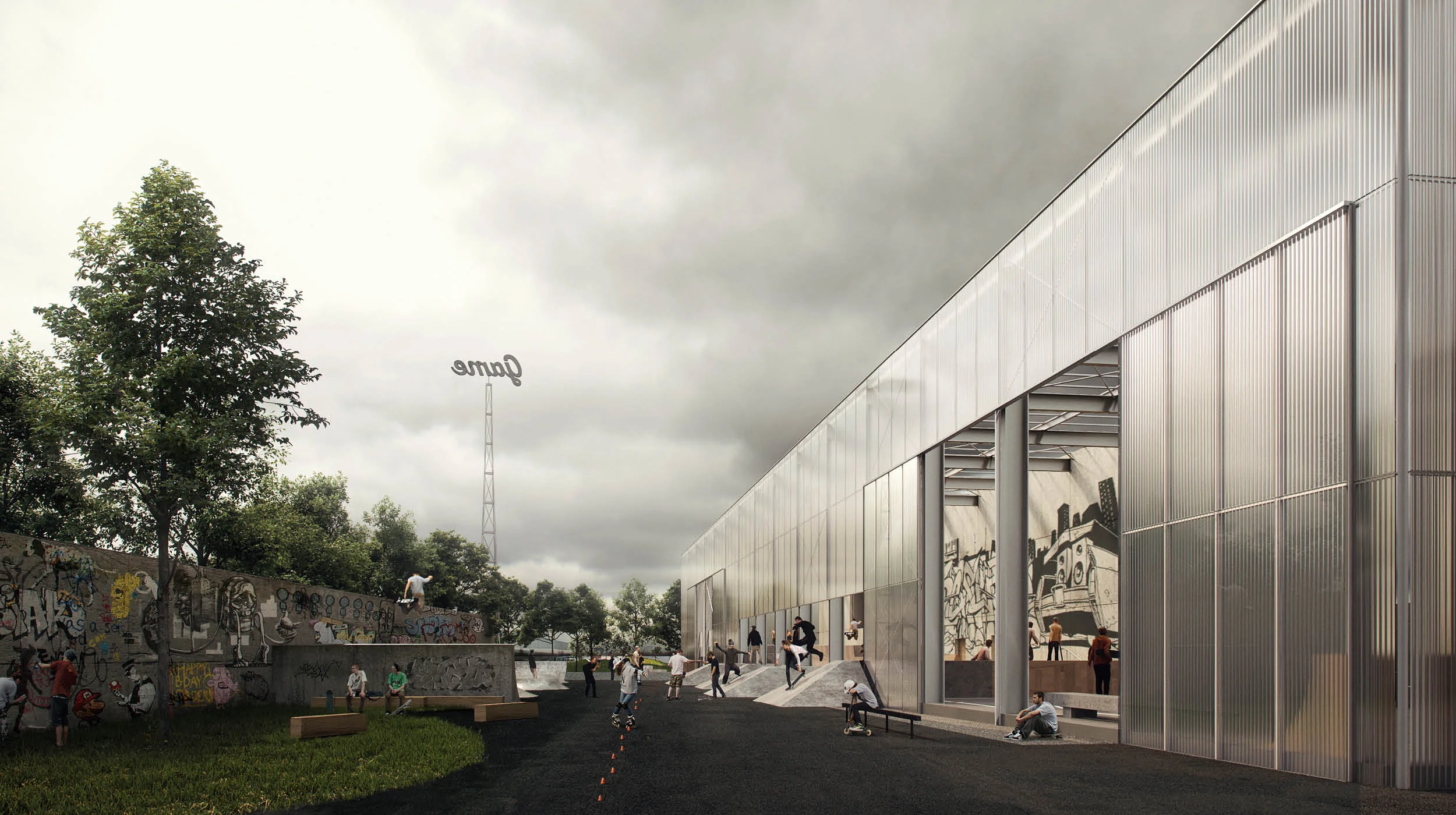 Competition Rendering: "The Ditch" - Outdoor Skate Area & Public Passage