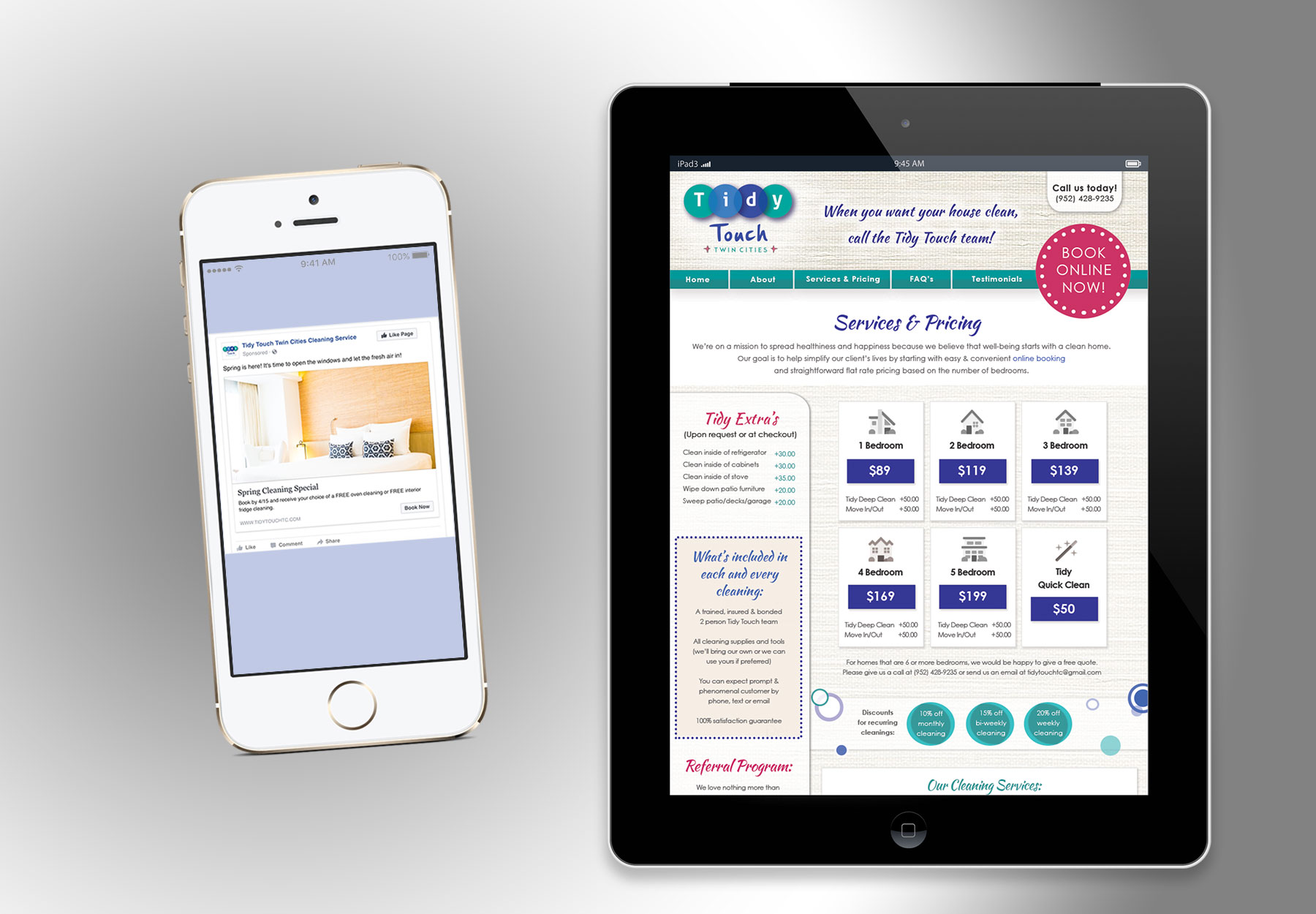 Social & Web - Tidy Touch geo-targets the Twin Cities metro area with an emphasis on mid-age females. I gave life to what moms really would want their home to look like as seen in the Facebook Ad campaign. The brand also features a secondary color pallet of pinks and purples as seen on the custom-made website to appeal to the female audience.