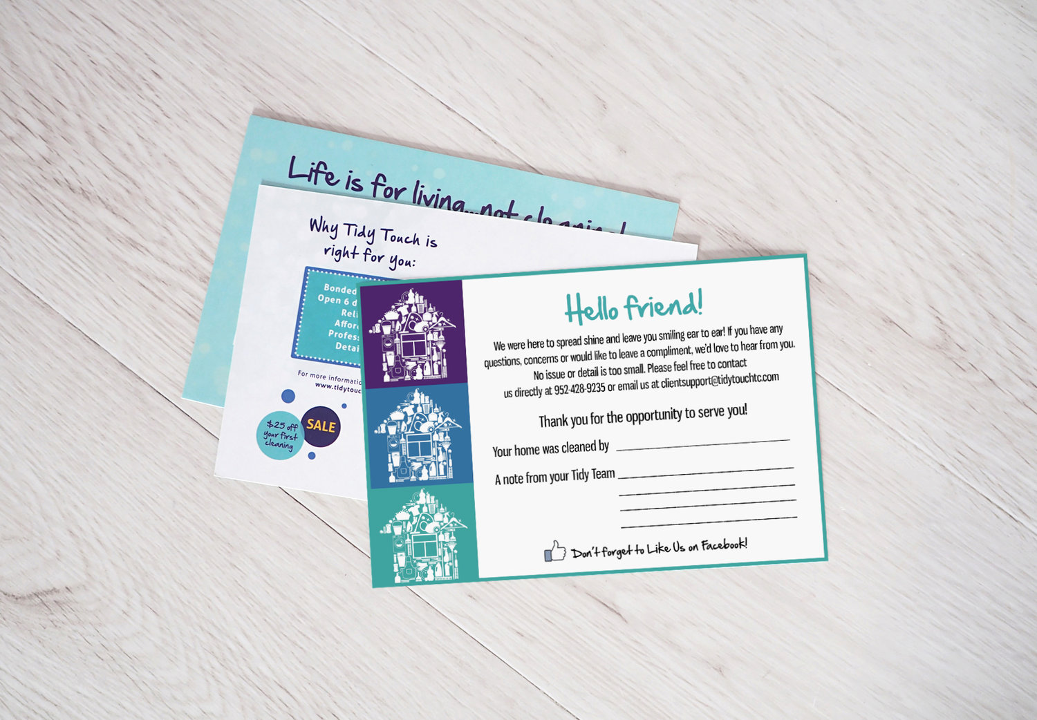  Postcards and Leave-Behinds - These pieces were created to help solve the problem of getting online reviews and ratings to help grow online booking.  