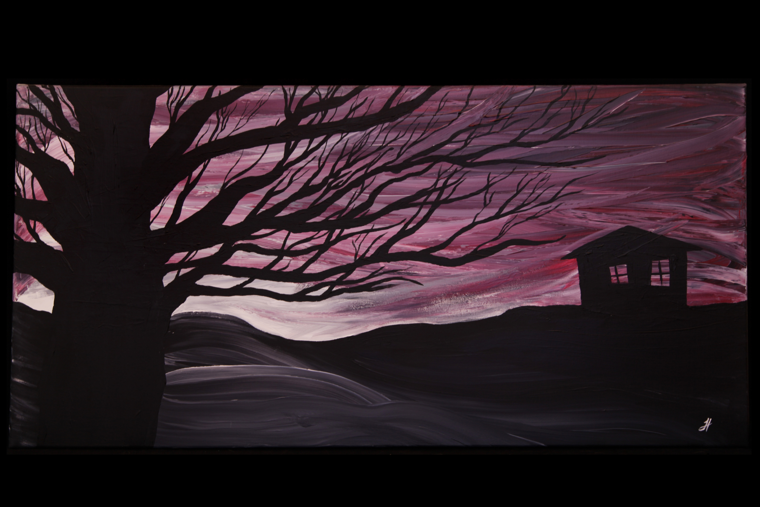This painting remains title-less. This is the first tree silhouette I ever painted. Every painting is a learning experience for me. This image helped me to figure out I like tree silhouettes and ridiculous, turbulent skies. These likes also transfer to my photography's artistic side. Acrylic paint on canvas Size: 24" x 48"