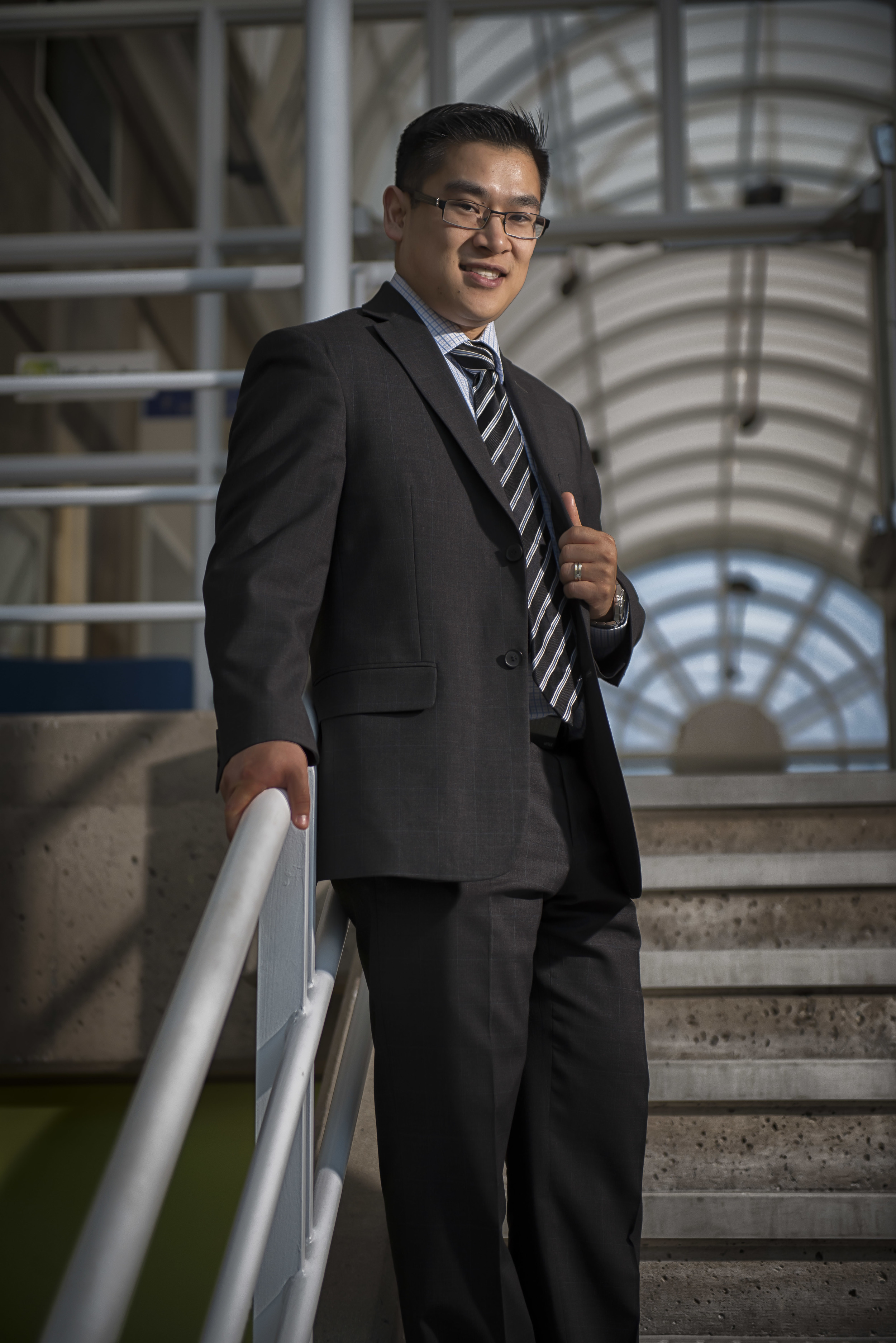 Photo Portrait of male on stairs architectural, Cowichan Valley to Nanaimo