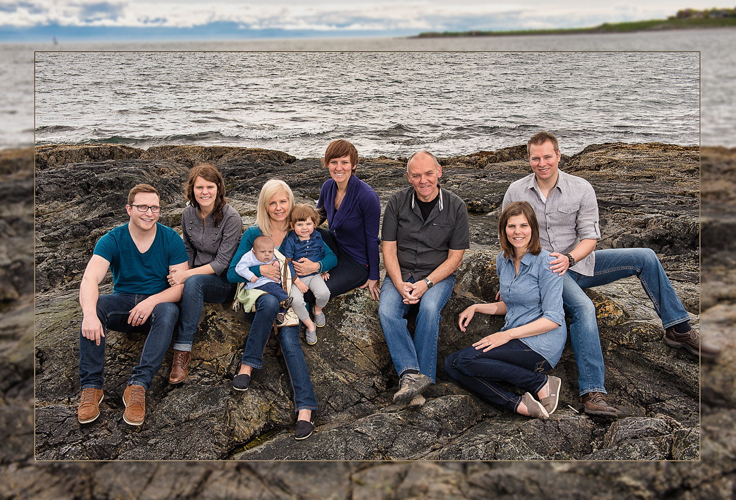 Family portrait- oceanside on rocks at the beach, Cowichan Valley, Duncan BC