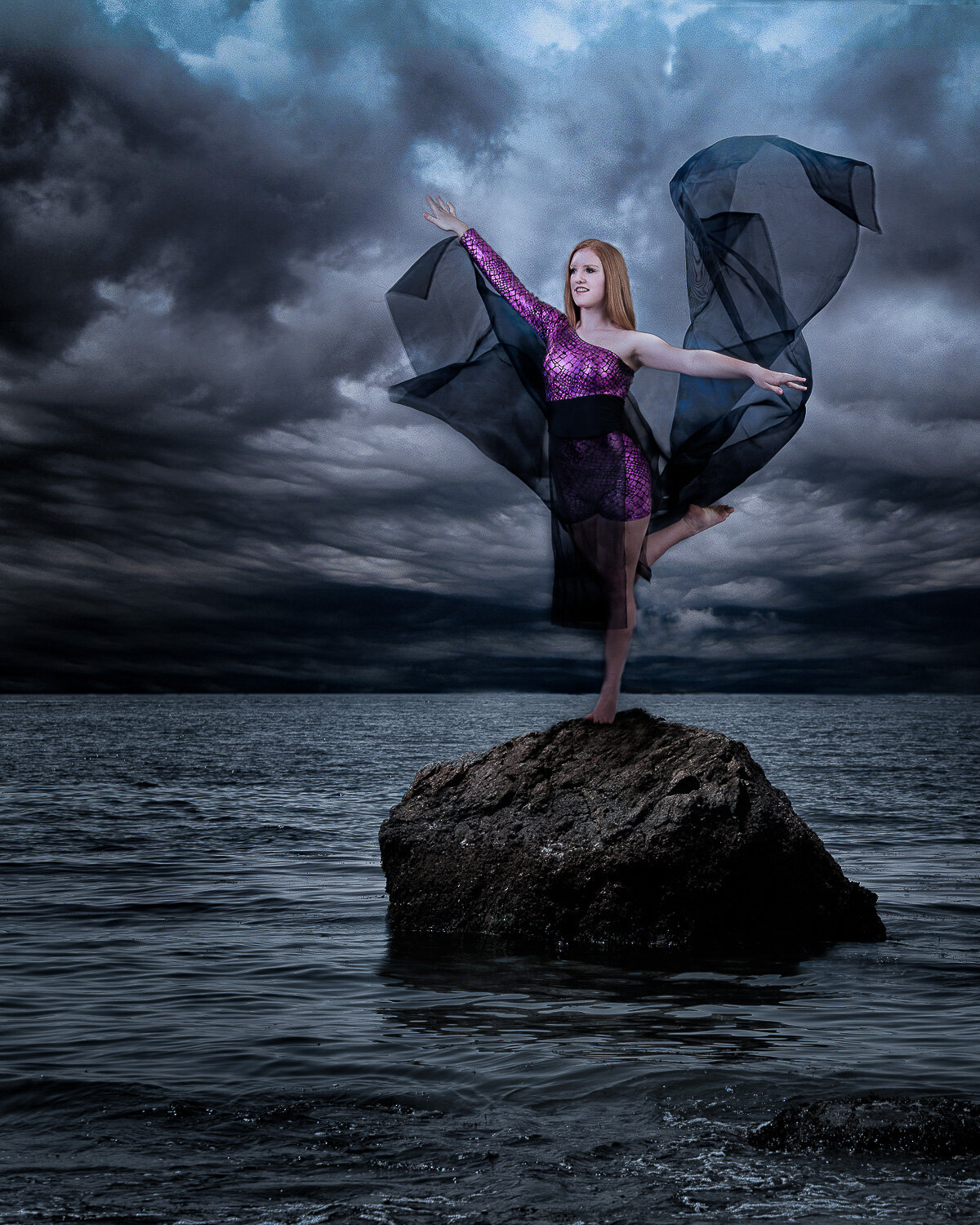 Dancer portrait, beach scene, dancer on a rock. Cowichan Valley to Nanaimo BC