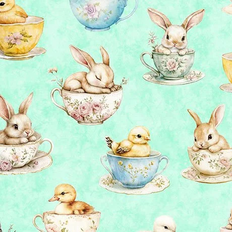QT Fabrics: QT Cuties 3 Bunnies & Chicks in Teacups Aqua by Morris Creative Group (31855-Q)