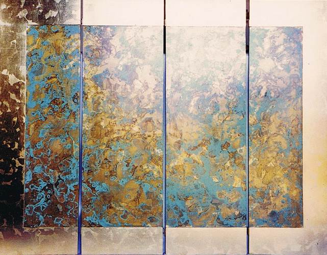Wall mounted four panel screen. Chemically treated layers of metal leaf with pale green base colour.